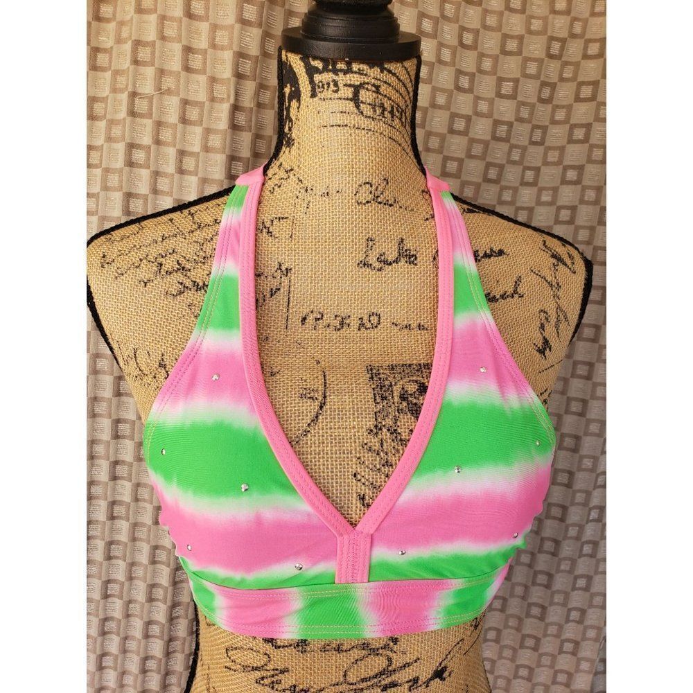 Girls Halter Bikini Top PINK Green Studded Swimwear Swimsuit Size 12 NWOT - Picture 7 of 8